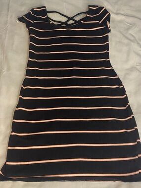 Decree Black Dress with Light Pink Stripes and Crisscross Neck